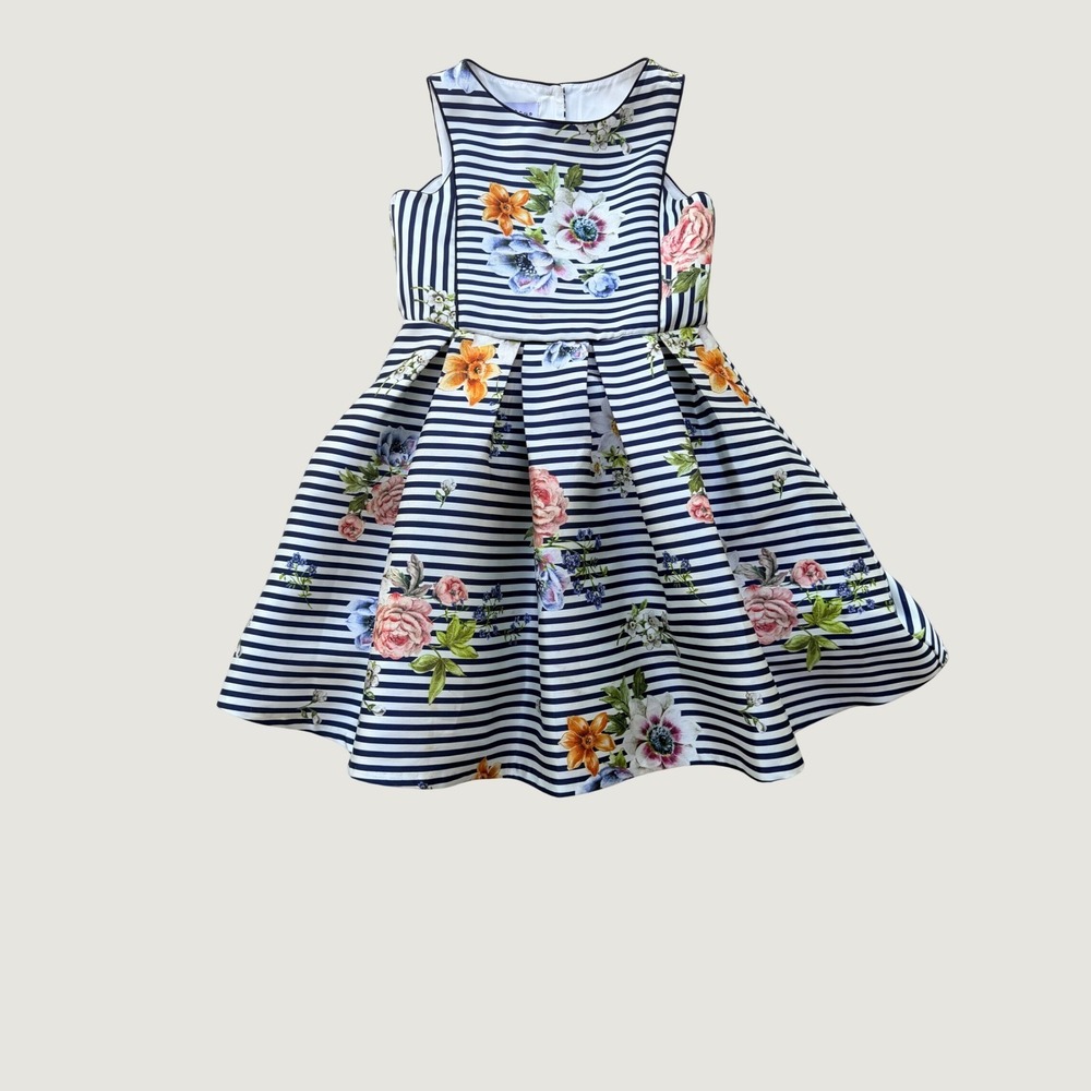 Floral Stripe Fit Flare Dress Navy Blue White Sz 10 Sleeveless Pleated Party‎